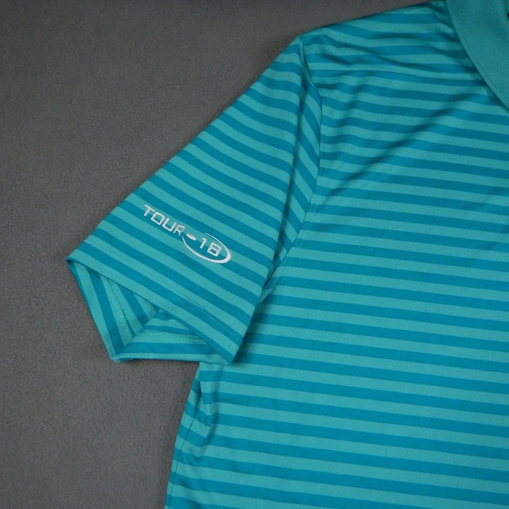 Nike Golf Polo Shirt Mens L Blue Green Striped Dri-Fit Short Sleeve Tour 18 Logo